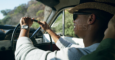 Buy stock photo Travel, man and driver on road trip with smile, holiday adventure and weekend fun in countryside. Explore, discover and people driving in car for journey, transport or summer vacation with happy face