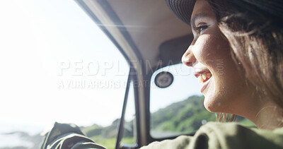 Buy stock photo Travel, woman and driver on road trip with smile, holiday adventure and weekend fun in countryside. Explore, discover and girl driving in car for journey, transport or summer vacation with happy face