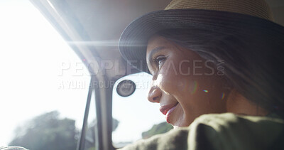 Buy stock photo Travel, woman and driving on road trip with smile, holiday adventure and weekend fun on tour. Explore, discover and girl driver in car for journey, transport or summer vacation with happy face