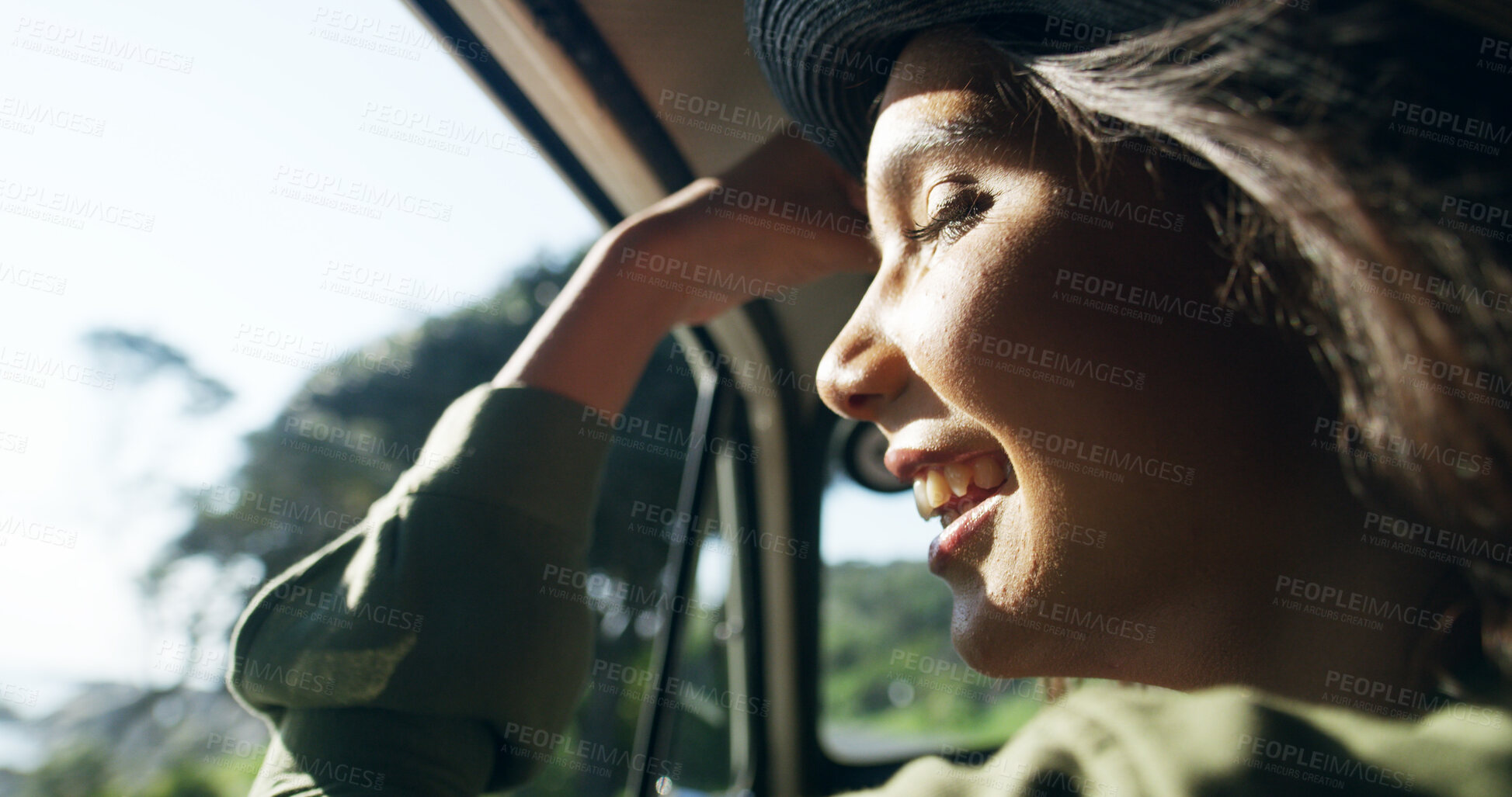 Buy stock photo Travel, girl and driver on road trip with smile, holiday adventure and weekend fun in countryside. Explore, discover and woman driving in car for journey, transport or summer vacation with happy face