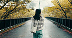 Umbrella, bridge and back of woman in city walking in rain on vacation for exploring, adventure or fun. Winter season, travel and female person commuting in town on holiday or weekend trip in Japan.