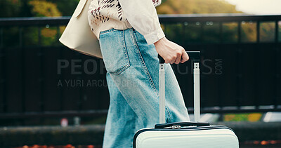 Buy stock photo Person, hands and walking with suitcase in city for travel adventure, holiday or outdoor on journey abroad. Japanese tourist, leaving or luggage for vacation, weekend getaway or departure to location