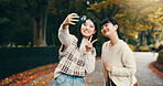 Japanese, women and nature with selfie for peace sign, vacation memory and bonding with smile. Happy people, friends and photographer with hand gesture for social media, profile picture and emoji