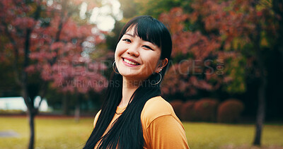 Buy stock photo Japanese woman, portrait and outdoor with pride, confidence and smile in garden or park. Female person, happiness and biology student at university for relax, calm and travel in nature or countryside