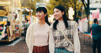 Travel, sightseeing and Asian women in city, tourism and bonding with vacation, smile and chat. Outdoor, friends and Japanese people on holiday, tourist and happy for trip, relationship and Japan