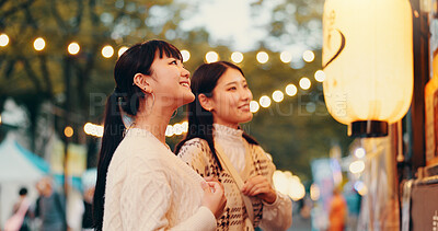 Buy stock photo Travel, vacation and Asian women in city, tourism and bonding with trip, smile and sightseeing. Outdoor, friends and Japanese people on holiday, tourist and happy for break, relationship and Japan