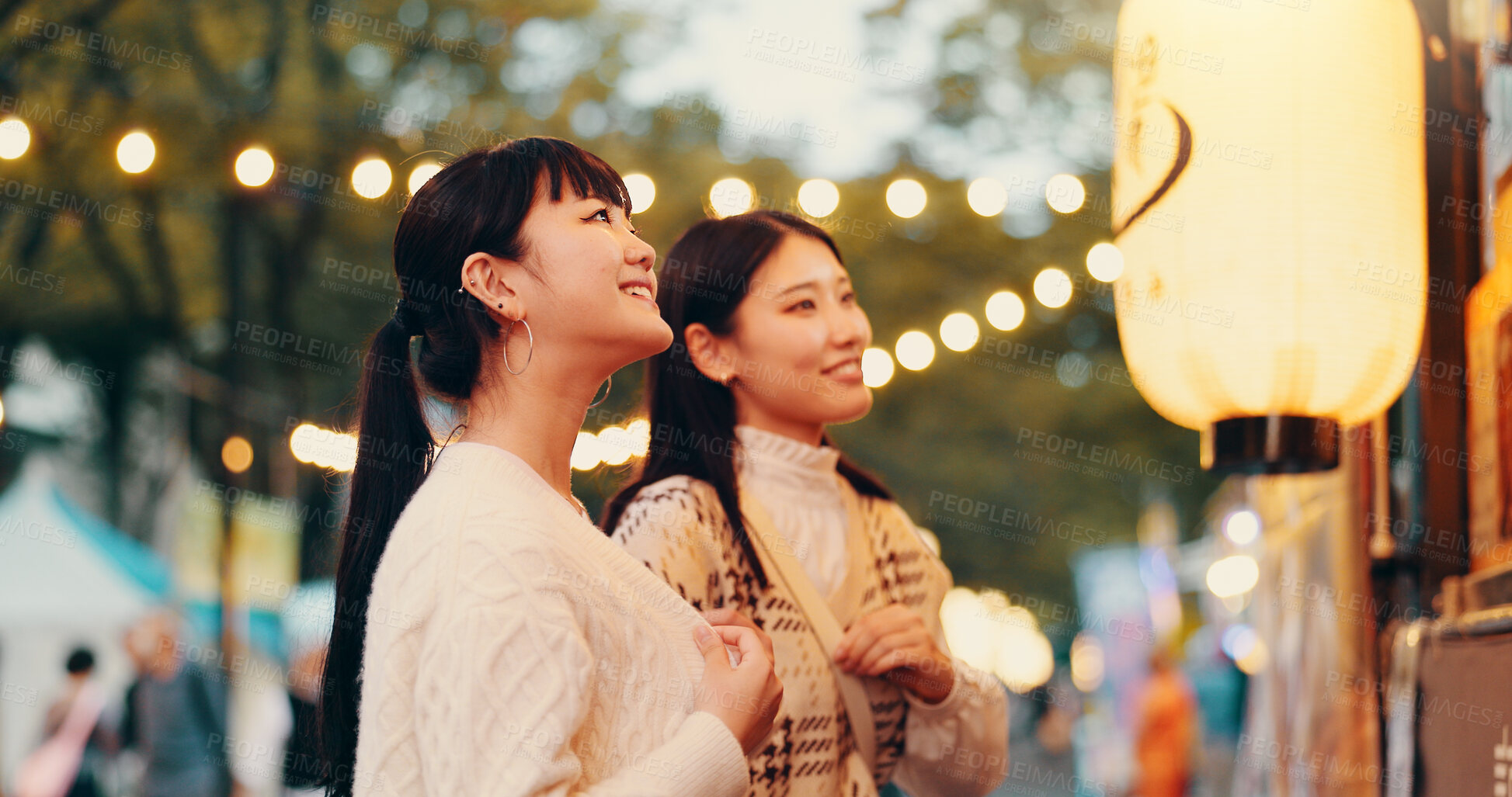 Buy stock photo Travel, vacation and Asian women in city, tourism and bonding with trip, smile and sightseeing. Outdoor, friends and Japanese people on holiday, tourist and happy for break, relationship and Japan