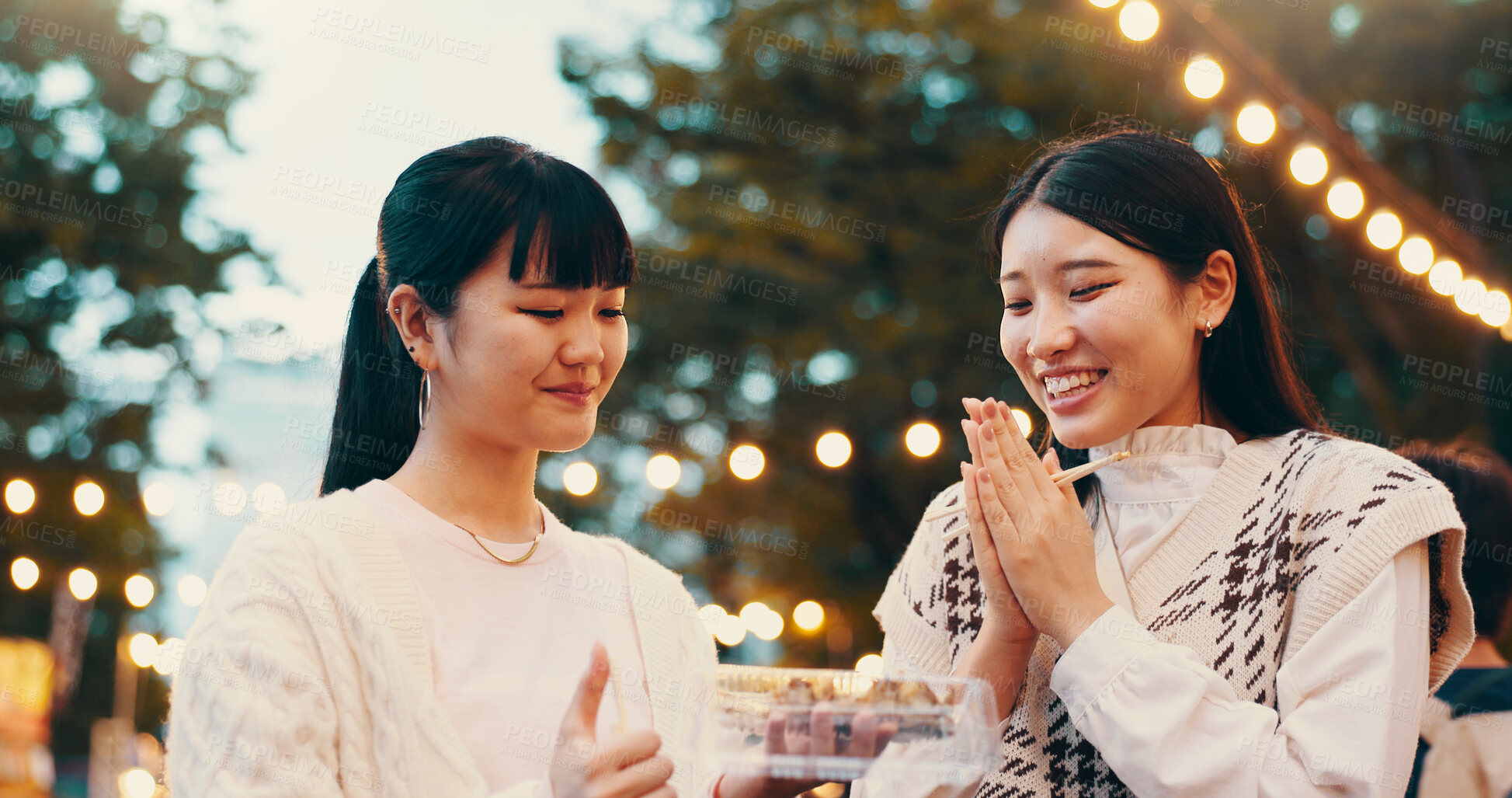 Buy stock photo Japanese women, happiness and food in town for friendship, surprise and bonding in city street. Female people, excited and traditional cuisine for birthday celebration on holiday, travel and vacation