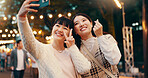 Peace sign, friends and Asian women with selfie in city at night marketing for fun, bonding and relax. Travel, happy and people with photo for profile picture, social media post and memory in Japan