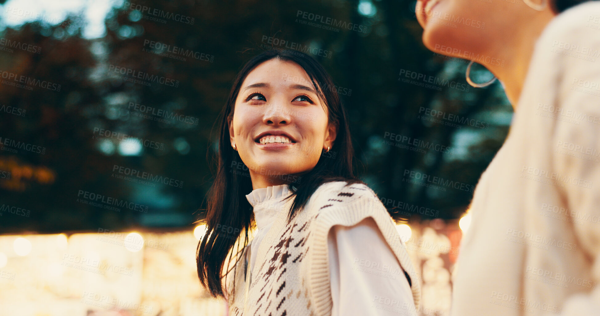 Buy stock photo Travel, vacation and Asian women in city, night and bonding with trip, smile and sightseeing. Outdoor, friends and Japanese people on holiday, tourist and happy for break, relationship and Japan