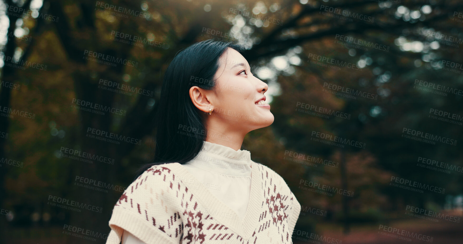 Buy stock photo Japanese woman, thinking and outdoor with ideas, confidence or pride in garden or park. Female person, smile and biology student in planning for vacation, happiness or travel in nature or countryside