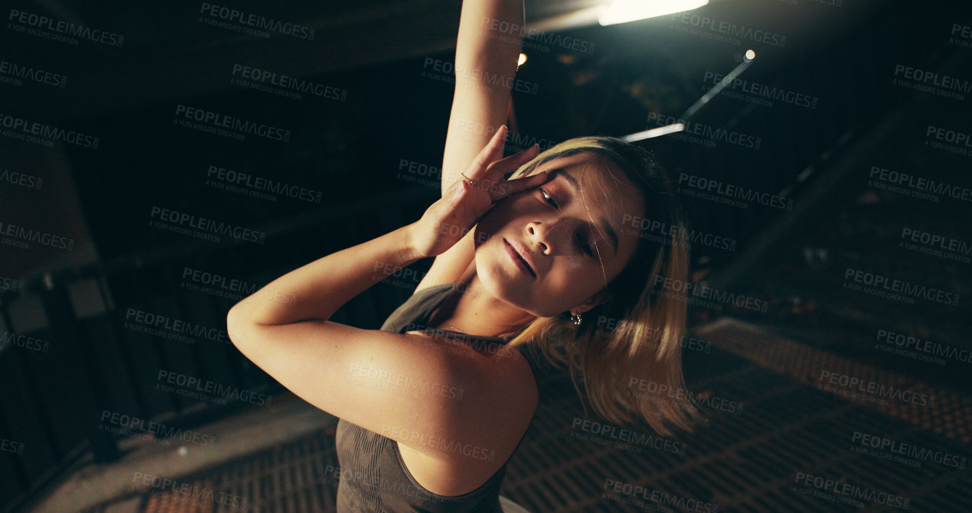 Buy stock photo Japanese woman, outdoor and contemporary dance for practice, training and choreography at night. Female person, technique and rehearsal as professional dancer for company, theater and performance art