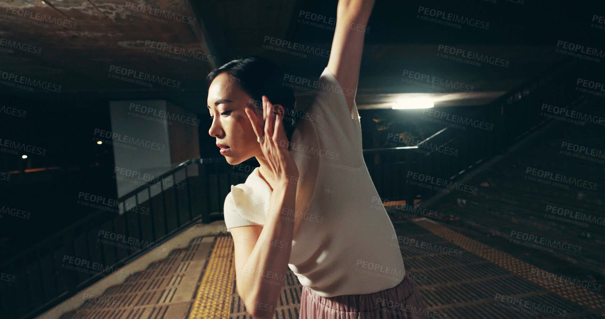 Buy stock photo Japanese woman, outdoor and professional dancer at night for practice, training and choreography. Female person, technique and rehearsal as contemporary dance for talent, theater or performance art