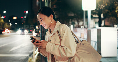 Buy stock photo Night, travel and happy woman in city with phone, connection and checking online public transport schedule. Smartphone, search and Japanese girl in street with mobile app for late urban commute