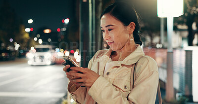 Buy stock photo Night, travel and woman in city with smartphone, connection or checking online location for public transport schedule. Phone, search and Japanese girl in street with mobile app for late urban commute