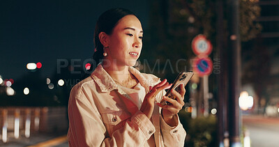 Buy stock photo Night, travel and businesswoman in city with phone, connection or checking online public transport schedule. Smartphone, search and Japanese woman in street with mobile app for late urban commute