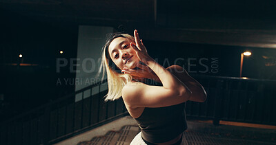 Buy stock photo Female person, outdoor and portrait for dance at night for practice, training and choreography. Japanese woman, street and rehearsal as professional dancer with technique, theater and performance art