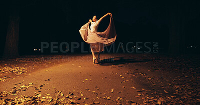 Buy stock photo Japanese woman, outdoor and ballerina as professional dancer for practice, training and choreography. Female person, technique and street with ballet for rehearsal, theater and performance at night