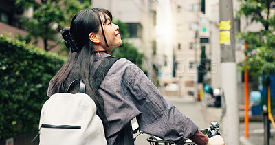 Buy stock photo Travel, explore and Asian woman with bicycle in city for morning commute, adventure and journey. Sightseeing, cycling and person on bike for trip, sustainable and eco friendly transport in Japan