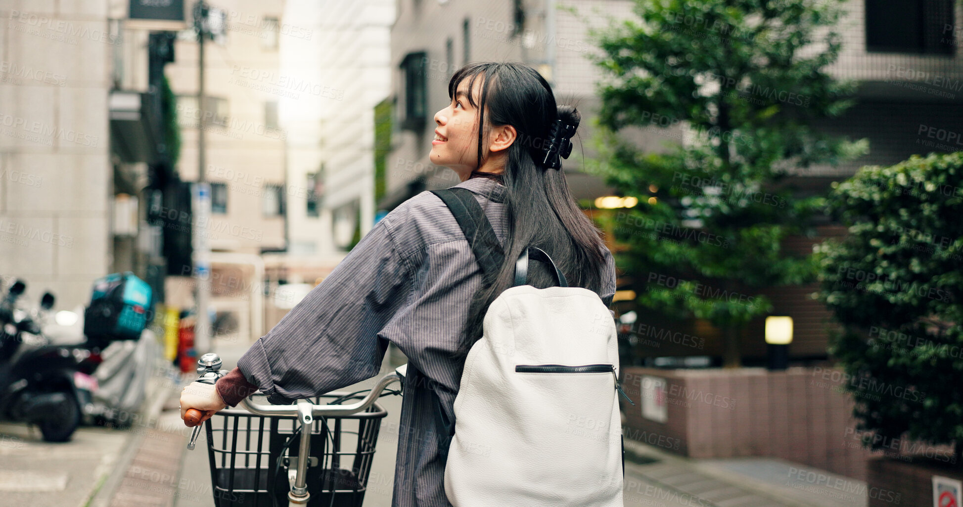 Buy stock photo Happy, walking and Asian woman with bicycle in city for commute to university, college and school. Student, cycling and person on bike for travel, sustainability and eco friendly transport in Japan