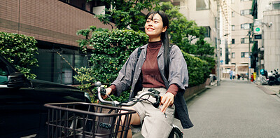 Buy stock photo Travel, happy and Asian woman with bicycle in city for morning commute, adventure and journey outdoors. Location, cycling and person on bike for trip, sustainable and eco friendly transport in Japan