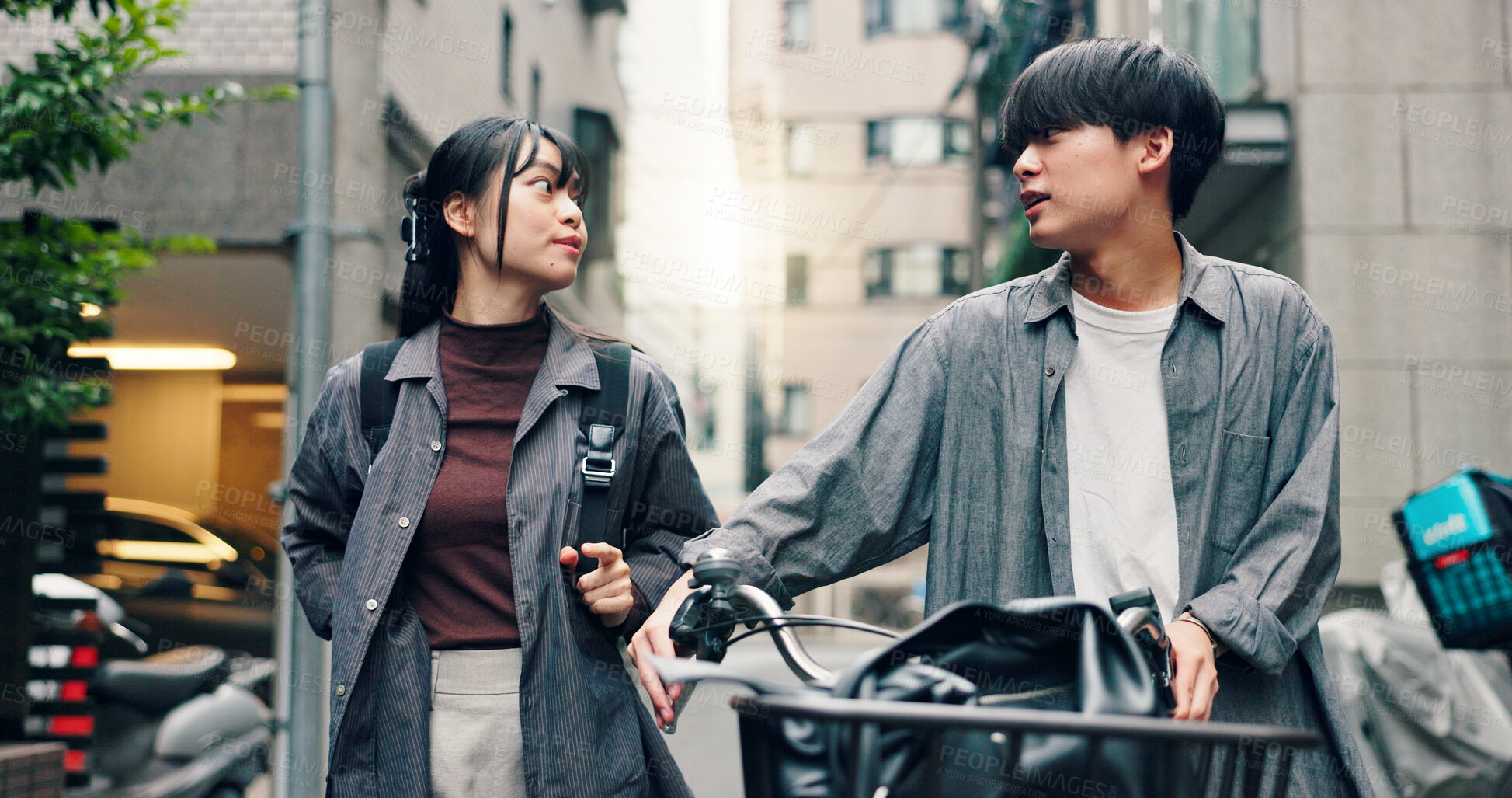 Buy stock photo Fashion, trendy and bike with Japanese couple in city for streetwear, genz style and travel. Date, urban and love with asian man and woman walking in outdoors for bonding, casual and cool together