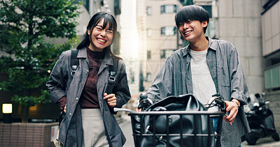 Buy stock photo Fashion, laughing and bike with Japanese couple in city for streetwear, genz style and travel. Date, urban and love with asian man and woman walking in outdoors for bonding, casual and cool together