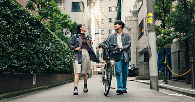 Buy stock photo Fashion, walking and bike with Japanese couple in city for streetwear, genz style and travel. Date, urban and love with asian man and woman talking in outdoors for bonding, casual and cool together