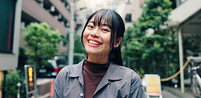 Buy stock photo City, happy and portrait of Asian woman in street for university, education and commute to college. Travel, urban town and face of person on road for holiday, break and weekend in Japan outdoors