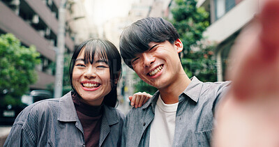 Buy stock photo Happy, asian couple and portrait with selfie for picture, photography or memory together in city street. Japanese, man and woman with smile for moment, capture or bonding in an urban town in Tokyo