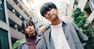 Buy stock photo Japanese couple, portrait and fashion in city with confidence on travel, attitude and summer in street. Man, woman and together with partner, love or bonding for connection in low angle on urban road