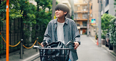 Buy stock photo Travel, morning and Asian man with bicycle in city for commute, delivery service and journey outdoors. Courier, cycling and person on bike for trip, sustainability or eco friendly transport in Japan