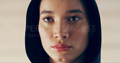 Buy stock photo Thinking, fitness and woman in hoodie for sports, workout ideas and planning future closeup. Serious, face and athlete with determination for exercise mindset, decision and vision on wall background