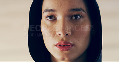 Buy stock photo Thinking, fitness and woman in hoodie for workout, sports ideas and planning future closeup. Serious, face and athlete with determination for exercise mindset, decision and vision on wall background