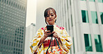 Asian woman, travel and city with phone in kimono for communication, network or location app. Japan, female person or tourist with mobile smartphone for online chatting or texting in an urban town