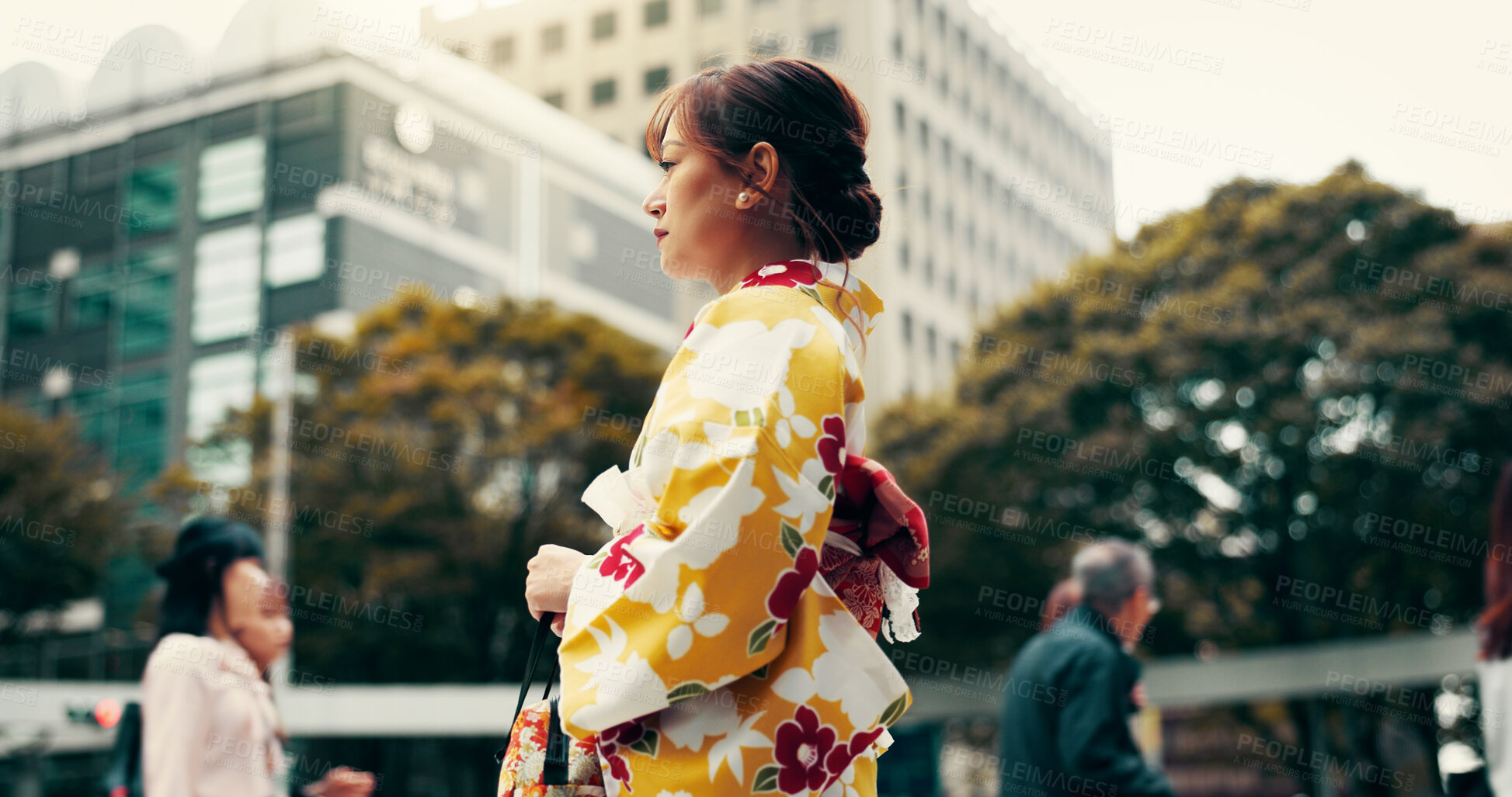 Buy stock photo Street, commute and woman in city with kimono, morning walking or sightseeing in traditional clothes. Explore, discover or girl on sidewalk with Japanese fashion, culture or travel on urban adventure