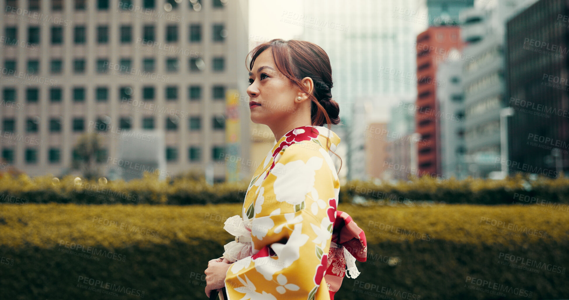 Buy stock photo Explore, walking and woman in city with kimono, morning commute and sightseeing in traditional clothes. Street, discover and girl with Japanese fashion, culture or weekend travel on urban adventure