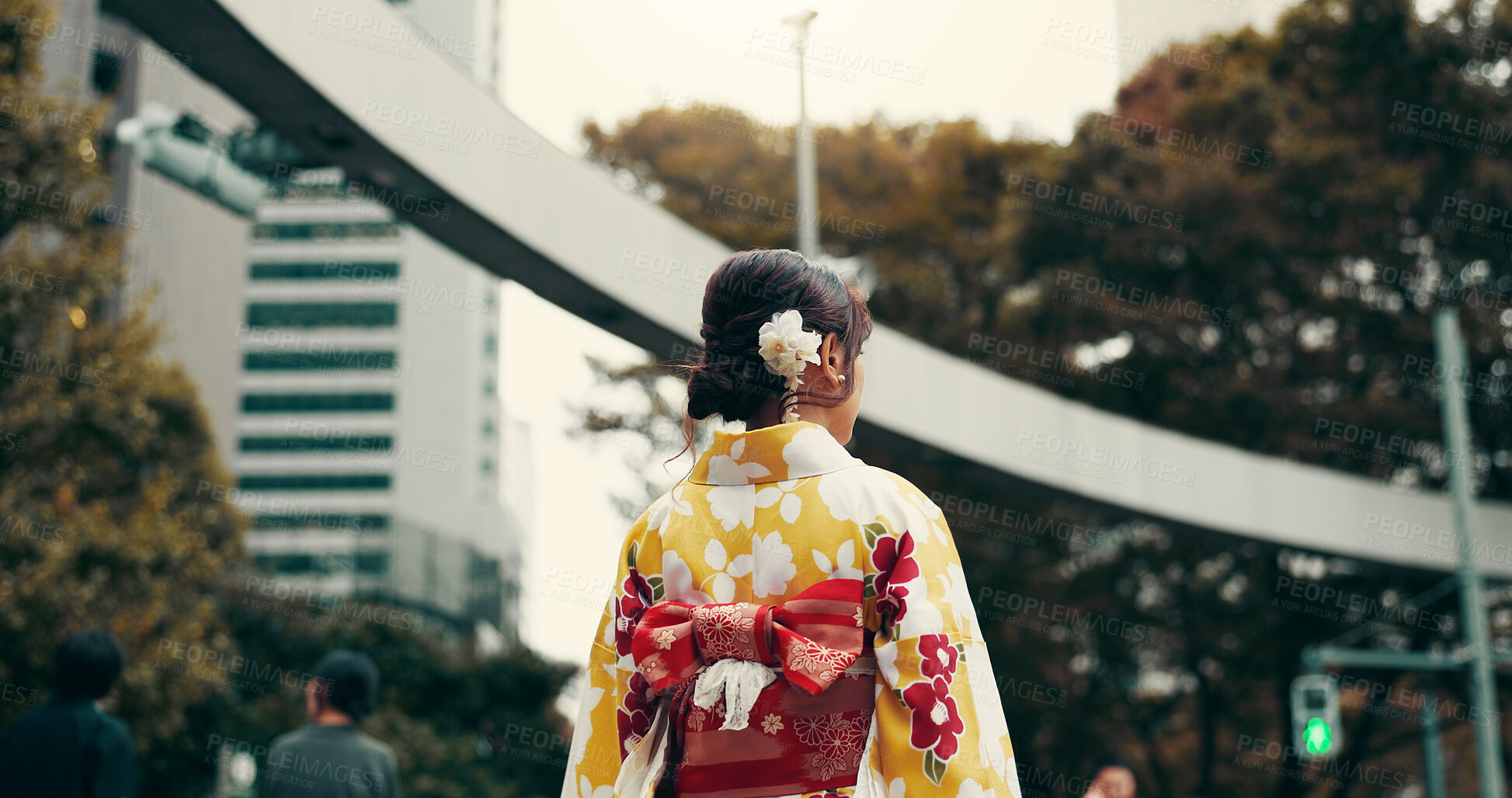 Buy stock photo Street, culture and woman in city with kimono, morning commute and sightseeing in traditional clothes from back. Explore, discover and girl with Japanese fashion, walking or travel on urban adventure