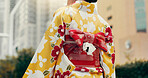 Street, belt and woman in city with kimono, morning commute and sightseeing in traditional clothes from back. Explore, discover and girl with Japanese fashion, culture or travel on urban adventure