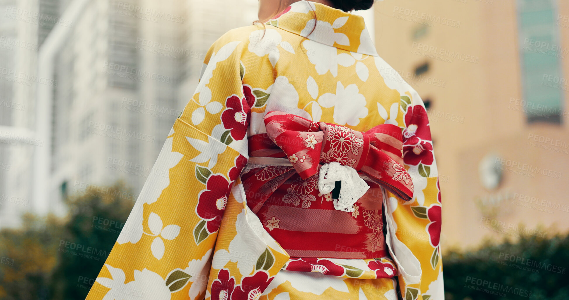 Buy stock photo Street, belt and woman in city with kimono, morning commute and sightseeing in traditional clothes from back. Explore, discover and girl with Japanese fashion, culture or travel on urban adventure