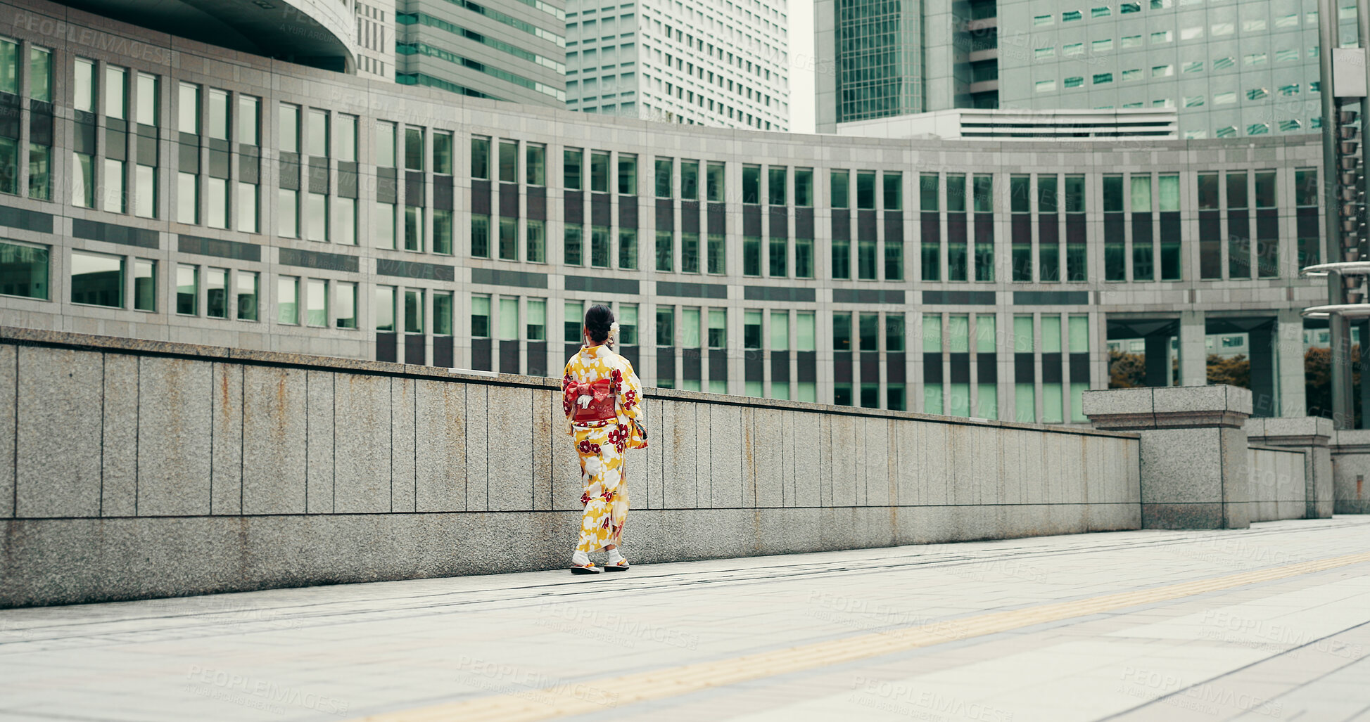 Buy stock photo City, walking and woman on sidewalk with kimono, morning commute and traditional clothes from back. Explore, discover and girl with Japanese fashion, culture or urban street on travel adventure