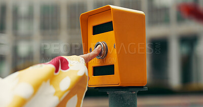 Buy stock photo Woman, finger and city with traffic light for travel, pedestrian crossing or commute by street or road. Japan, closeup or tourist pushing button for safety, intersection or stop in an urban town