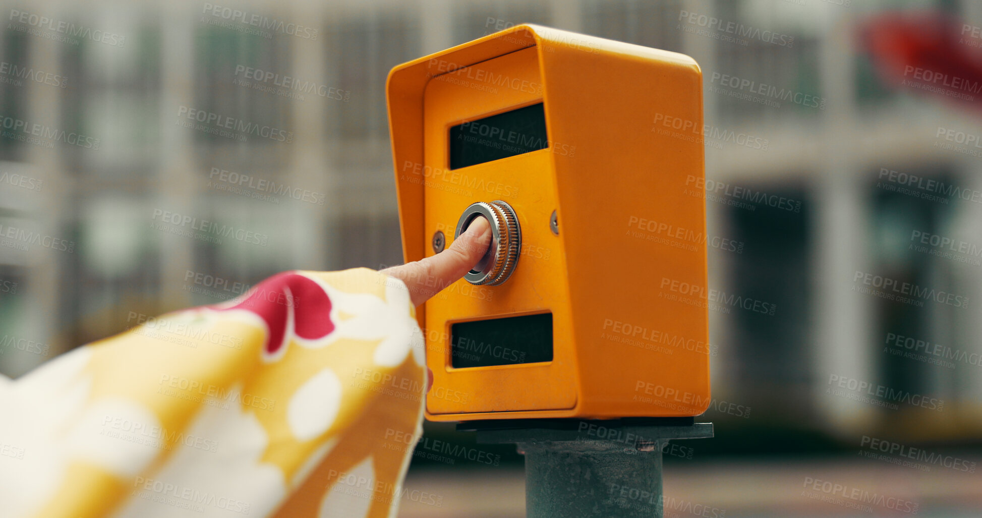 Buy stock photo Woman, finger and city with traffic light for travel, pedestrian crossing or commute by street or road. Japan, closeup or tourist pushing button for safety, intersection or stop in an urban town