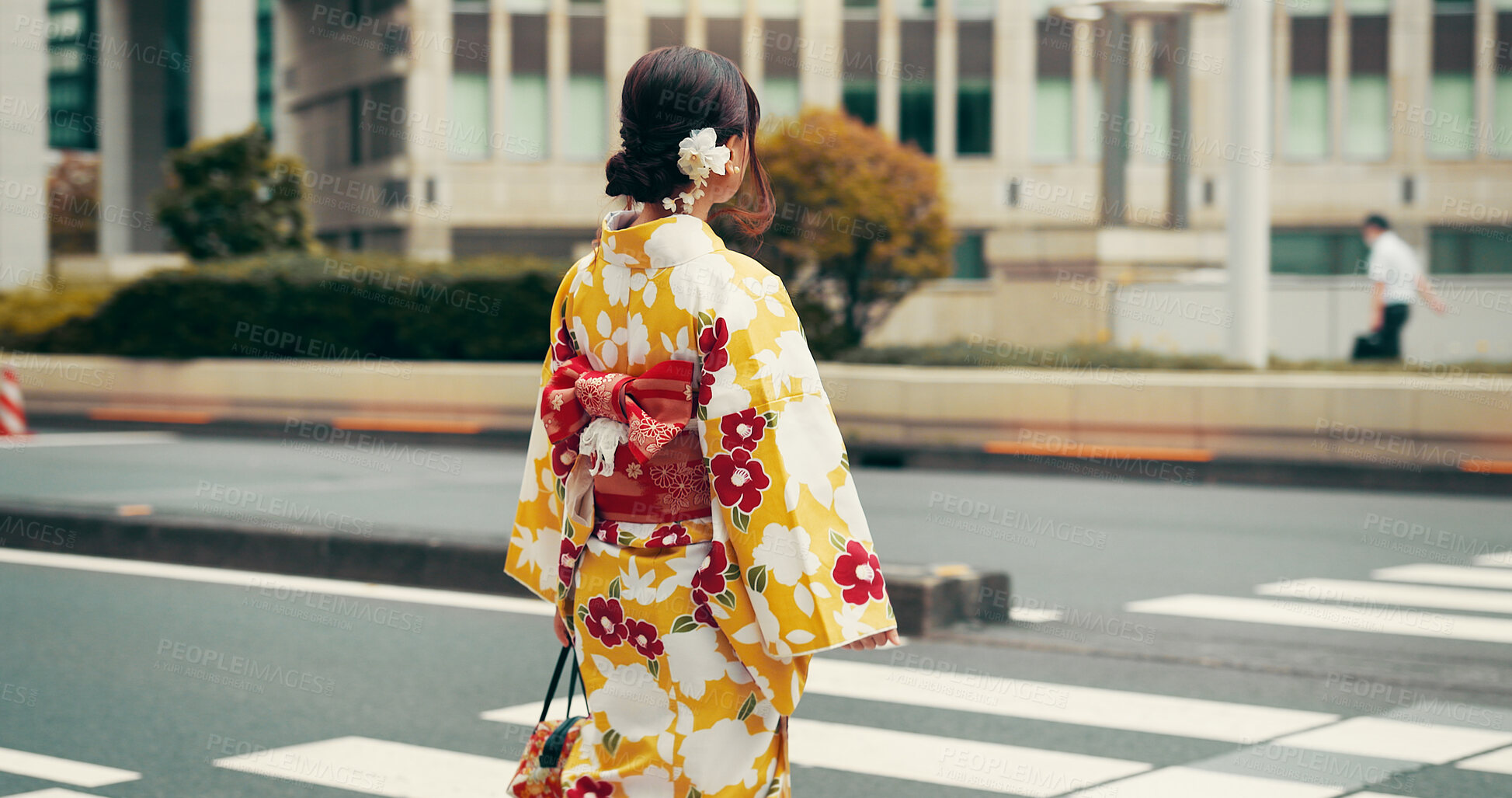 Buy stock photo City, walking and woman on crosswalk with kimono, morning commute and sightseeing in traditional clothes. Explore, discover and girl with Japanese fashion, culture or urban street on travel from back