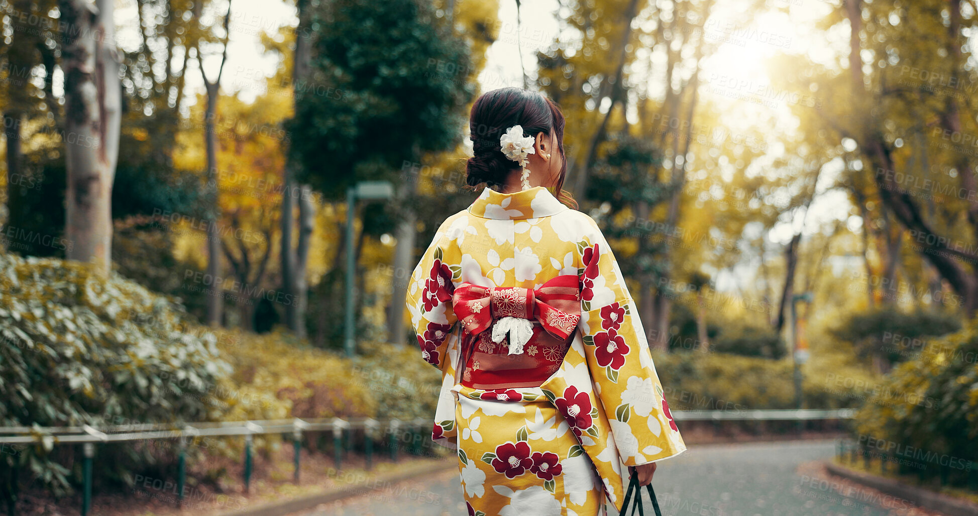 Buy stock photo Back, kimono and travel with Japanese woman in park for heritage, festival ceremony and culture. Traditional clothes, fashion and respect with person and outdoor for pride, walking and peace