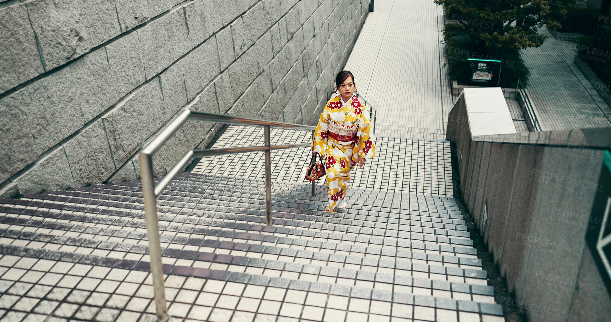 Buy stock photo City, walking and woman on stairs with kimono, morning commute and sightseeing in traditional clothes. Explore, discover and girl with Japanese fashion, culture or urban steps on travel adventure