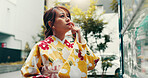 Asian woman, thinking and city with vending machine for choice, pick or selection in street or road. Japan, female person or shopper contemplating in kimono by self service station for snack in town