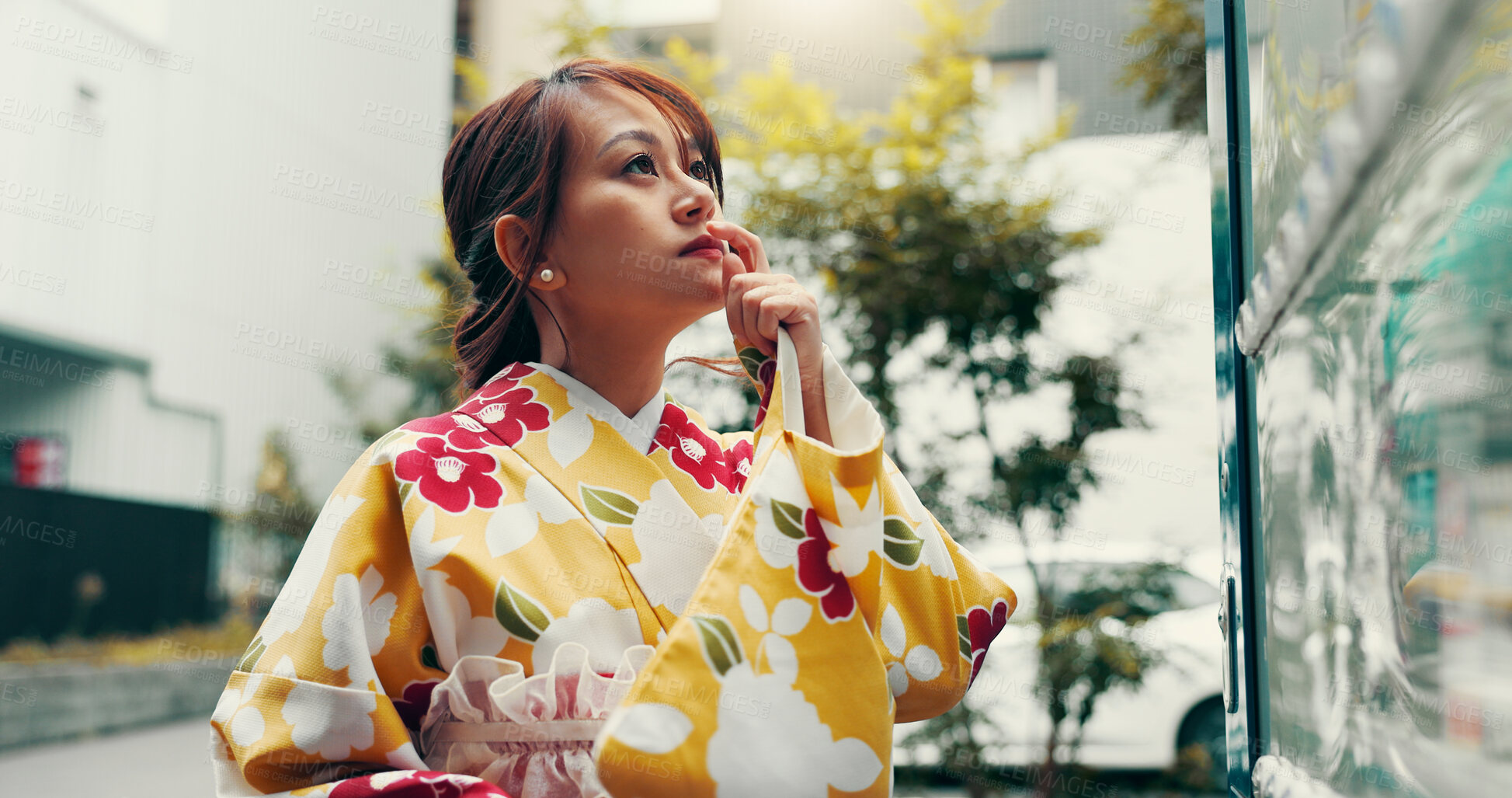 Buy stock photo Asian woman, thinking and city with vending machine for choice, pick or selection in street or road. Japan, female person or shopper contemplating in kimono by self service station for snack in town