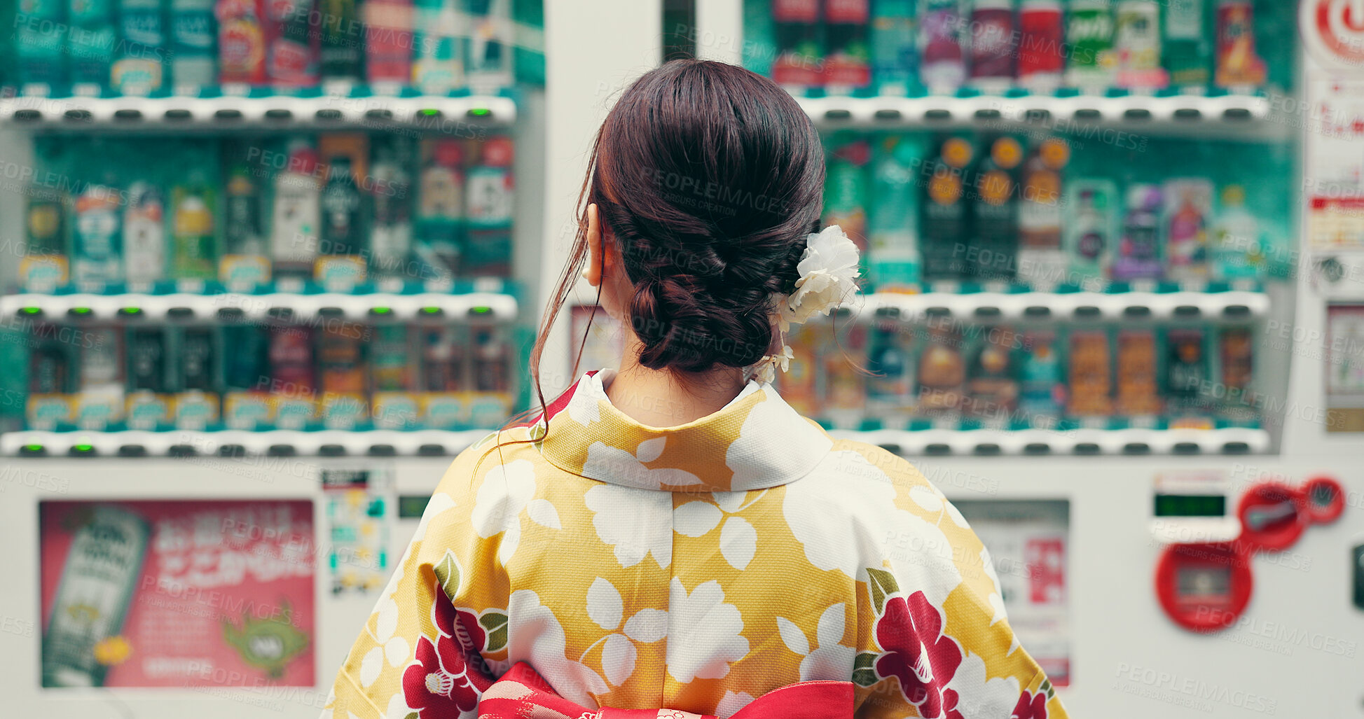 Buy stock photo Vending machine, thinking and back of Japanese woman in kimono for food choice, urban and decision. Menu price, shopping and fashion with person in city for selection, customer or snack dispenser