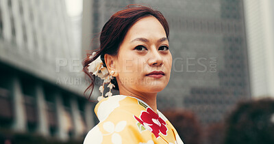 Buy stock photo Portrait, kimono and travel with Japanese woman in city for heritage, festival celebration and culture. Traditional clothes, fashion and respect with asian person and outdoor for pride and peace